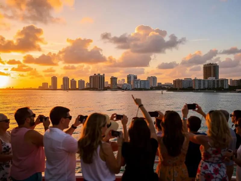 Guests photographing the Miami skyline at sunset from a guided cruise