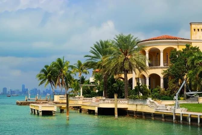 Waterfront celebrity mansion seen from the bay
