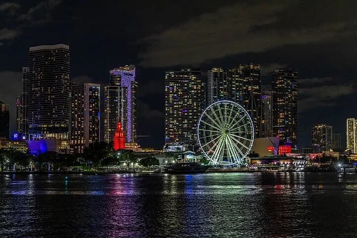 Bayside ferris wheel lit up at night from the water